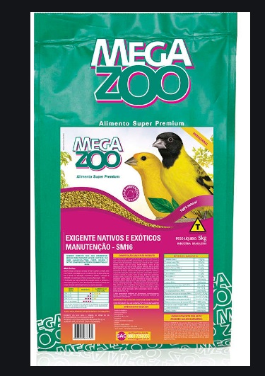 Megazoo - Nativos e Ex�ticos - SM16 - 5 kg. Alimento completo para aves ornamentais indicado para p�ssaros nativos e ex�ticos tais como can�rios-da-terra, diamantes-de-gould, calafates, curi�s, bicudos e outros gran�voros no per�odo de manuten��o e muda.