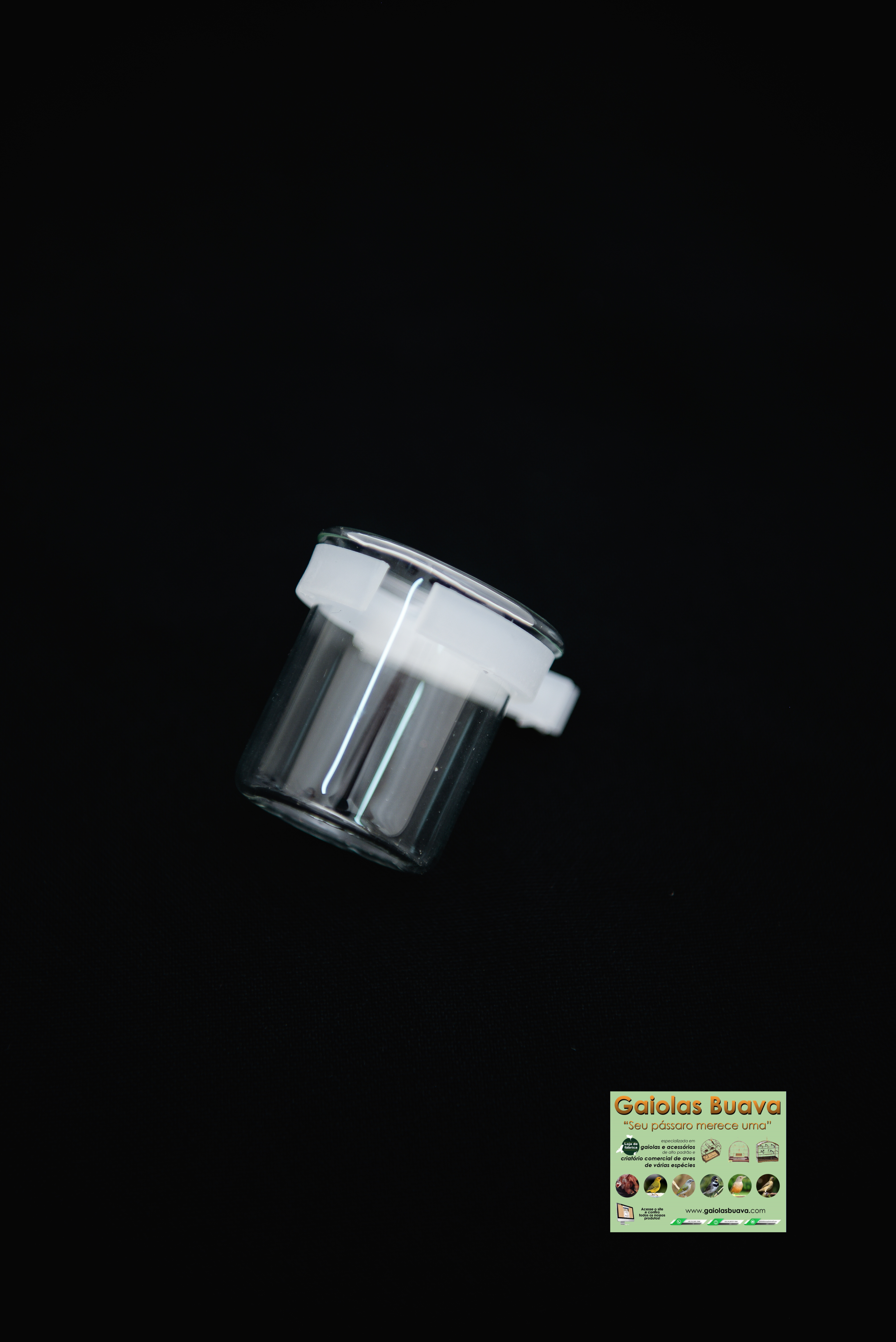 PORTA VITAMINA DE VIDRO RETO MEDIO COM A PRESILIA DE PLASTICO INDICADO PARA AZUL�O , CURIO , BICUDO E OUTROS DO MESMO PORTE