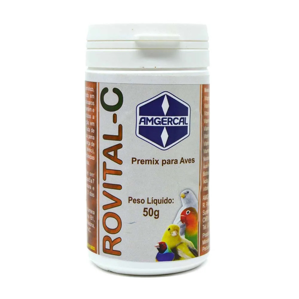 ROVITAL C - AMGERCAL - 50g - Auxilia nas situa��es de desgastes como: muda de penas, muda encroada, reprodu��o, cobertura, postura, cria��o dos filhotes, desmame. Indicado na complementa��o de tratamento de defici�ncias nutricionais, intoxica��es, verminoses, vacina��es e medica��es em geral. 