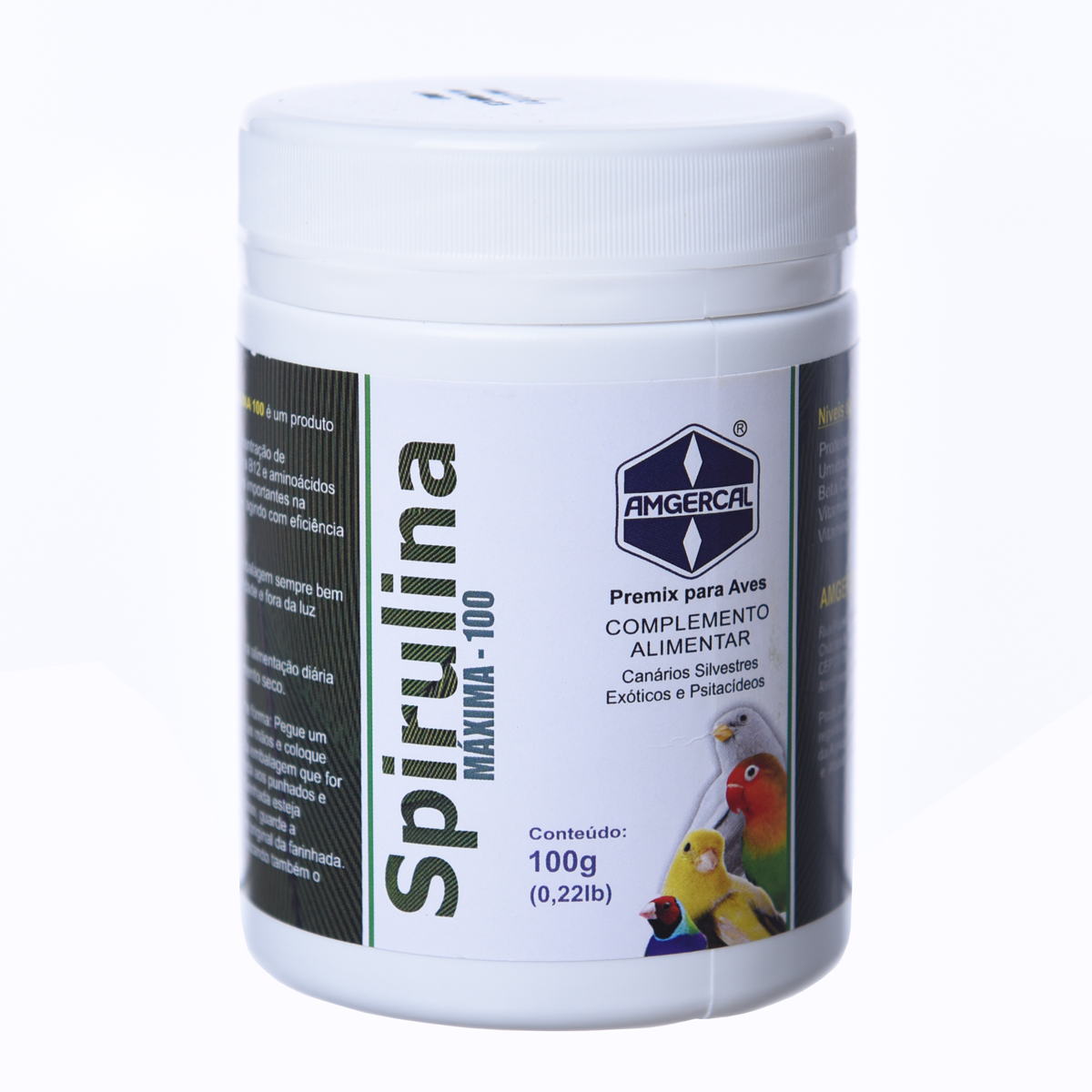 Spirulina 100 M�xima - 100g  Spirulina 100 � produto natural (a base de algas) desidratado e ionizado, que possui em sua f�rmula alta concentra��o de Prote�nas, Vitamina E, Beta caroteno, Vitamina B12 e amino�cidos essenciais que em conjunto assumem fun��es importantes na forma��o de anticorpos, na imunidade da ave agindo com grande efici�ncia no per�odo reprodutivo.
