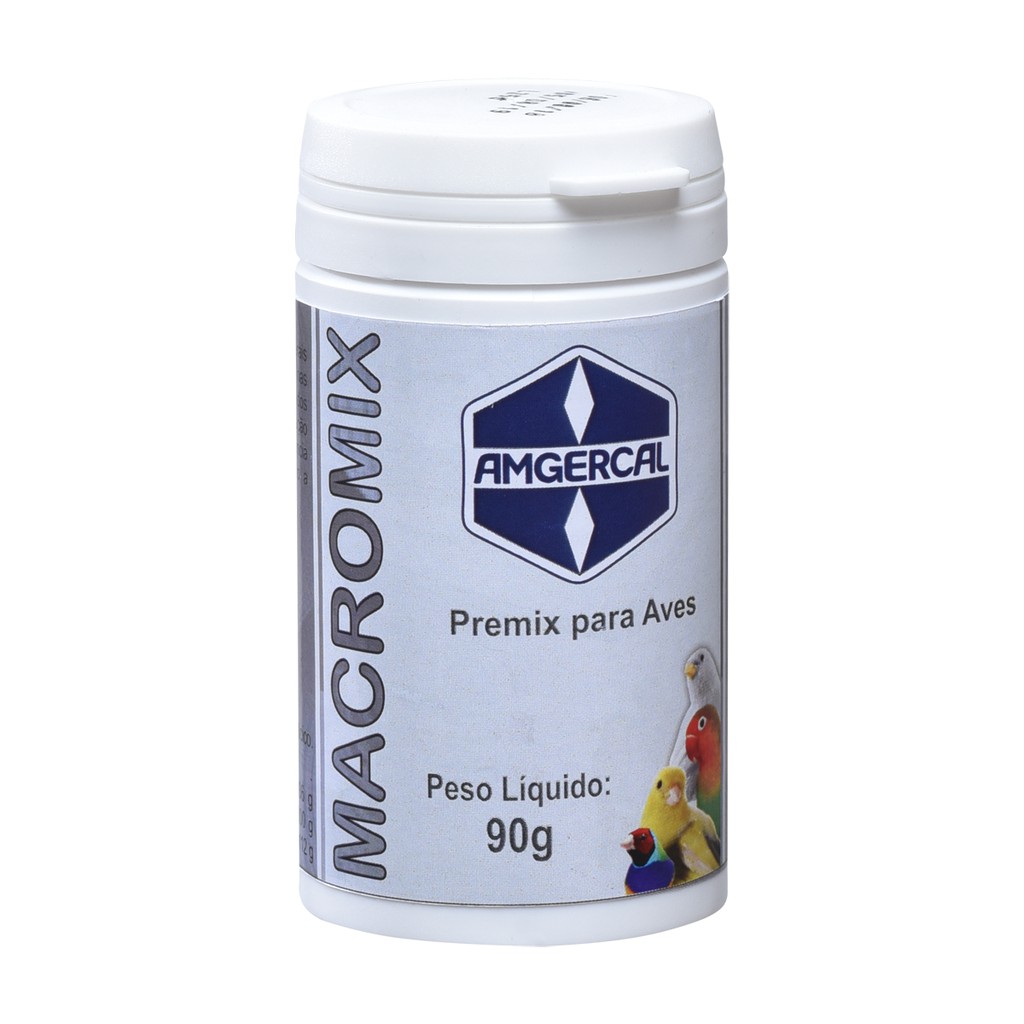 Macromix Amgercal - 90g  � um premix de macrominerais que auxilia na forma��o dos ossos, nas fun��es musculares dos filhotes e dos adultos reprodutores, melhora forma��o de casca de ovos, prevenindo a ocorr�ncia ovos de casca mole, aumentando a resist�ncia do ovo � incuba��o. Previne o raquitismo, a baixa postura e filhotes defeituosos, bem como f�meas descadeiradas no per�odo de postura.