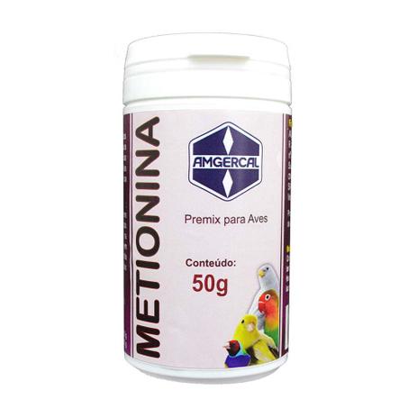 Metionina Amgercal - 50g  � um premix dos amino�cidos Lisina e Triptofano para adicionar a ra��o das aves de cria��o, indicado no aux�lio da corre��o e sintomas provocados pela defici�ncia de amino�cidos.