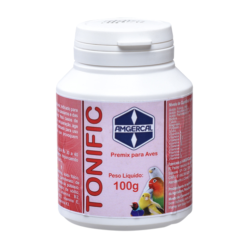 Tonific Amgercal 100g - Premix de vitaminas sol�veis, indicado para manuten��o da sa�de dos p�ssaros e das aves criadas em cativeiro. Nos casos de fraqueza, embolamento e recupera��o, age com rapidez. � tamb�m indicado para uso em todas situa��es que provoque qualquer tipo de stress.
