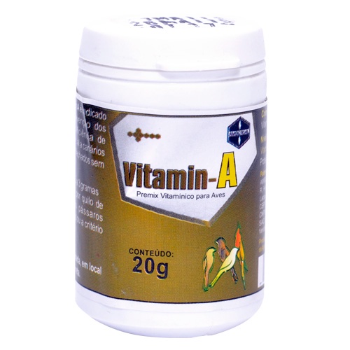 Vitamina A Amgercal - Pote 20g  � indicado no aux�lio da corre��o e preven��o dos sintomas provocados pela defici�ncia de Vitamina A. A vitamina A � essencial para os can�rios brancos e albinos criados em ambientes com baixa incid�ncia de raios solares. Previne les�es de faringe e da siringe, reduzindo os riscos de perda de voz aves canoras silvestres.