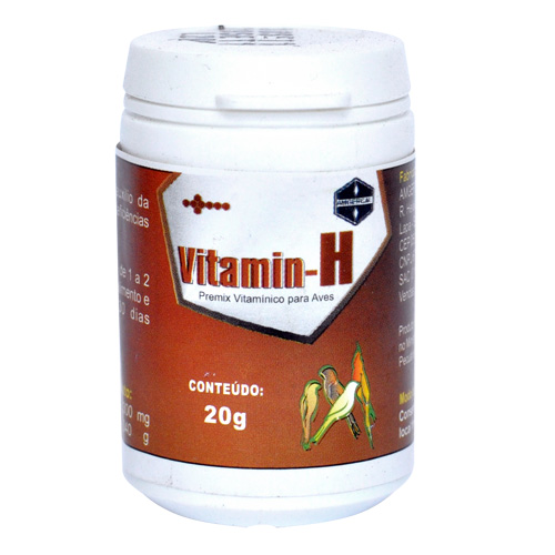 Vitamina H Amgercal - Pote 20g - � indicada no aux�lio da corre��o e preven��o das defici�ncias da falta de Biotina. Atua na muda e na forma��o das penas diretamente nos fol�culos, reduzindo a forma��o de cistos de penas e aumentando a resist�ncia da pele frente a infec��es.