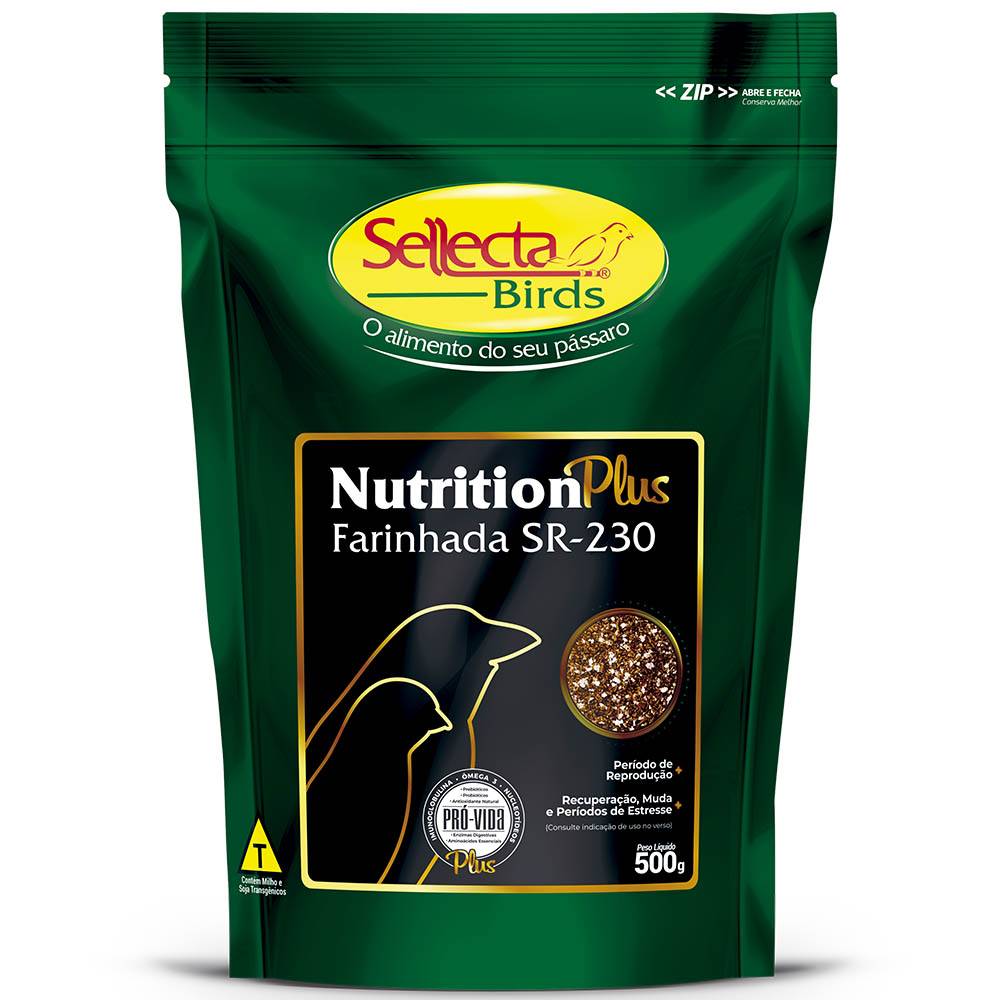Sellecta - Nutrition Plus Farinhada SR-230 500g  Sellecta Farinhada SR-230 Nutrition Plus � um alimento super premium, completo e balanceado, indicado para aves passefiromes e psitac�deos, de pequeno e m�dio porte, para uso somente em per�odos de reprodu��o, desenvolvimento, recupera��o, muda de penas e per�odos de estresse.